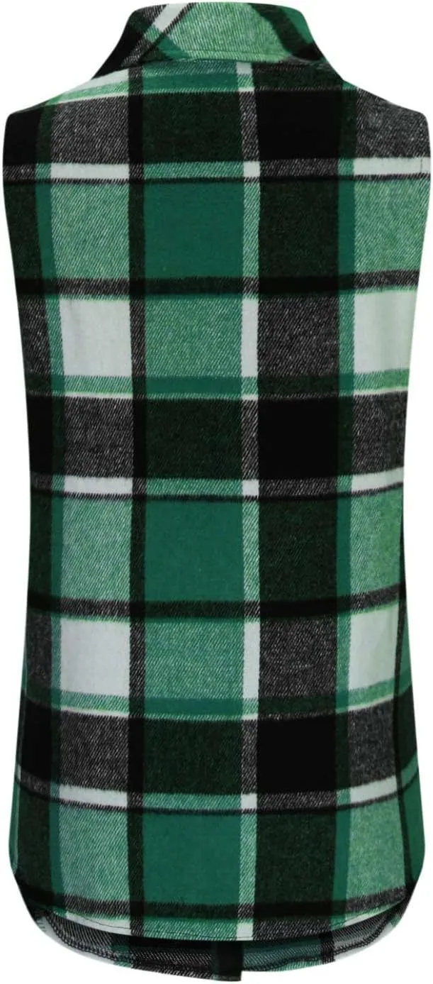 Womens Wool Blend Plaid Shacket Collared Winter Sleeveless Blazer Jackets Flannel Vest Long Button Down Cardigans