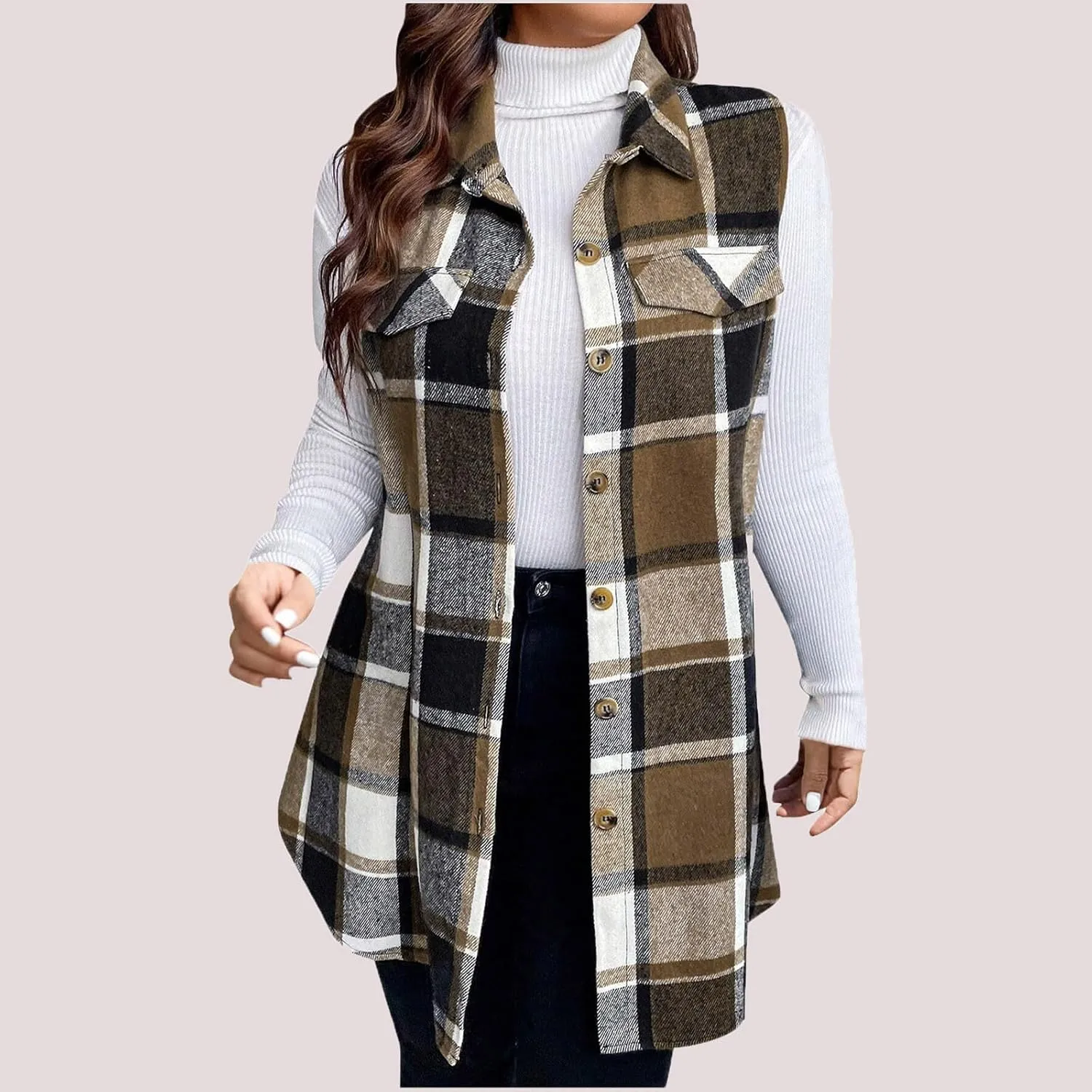 Womens Wool Blend Plaid Shacket Collared Winter Sleeveless Blazer Jackets Flannel Vest Long Button Down Cardigans