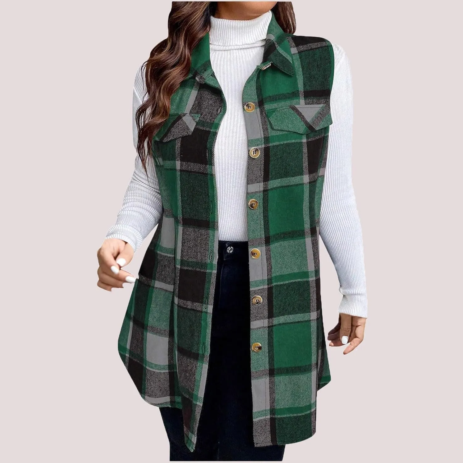Womens Wool Blend Plaid Shacket Collared Winter Sleeveless Blazer Jackets Flannel Vest Long Button Down Cardigans