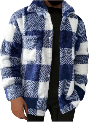 Xiaojmake Men's Warm Sherpa Lined Coat Lapel Collared Plaid Fleece Thick Jacket Flannel Jacket Sherpa Fleece Lined Coats