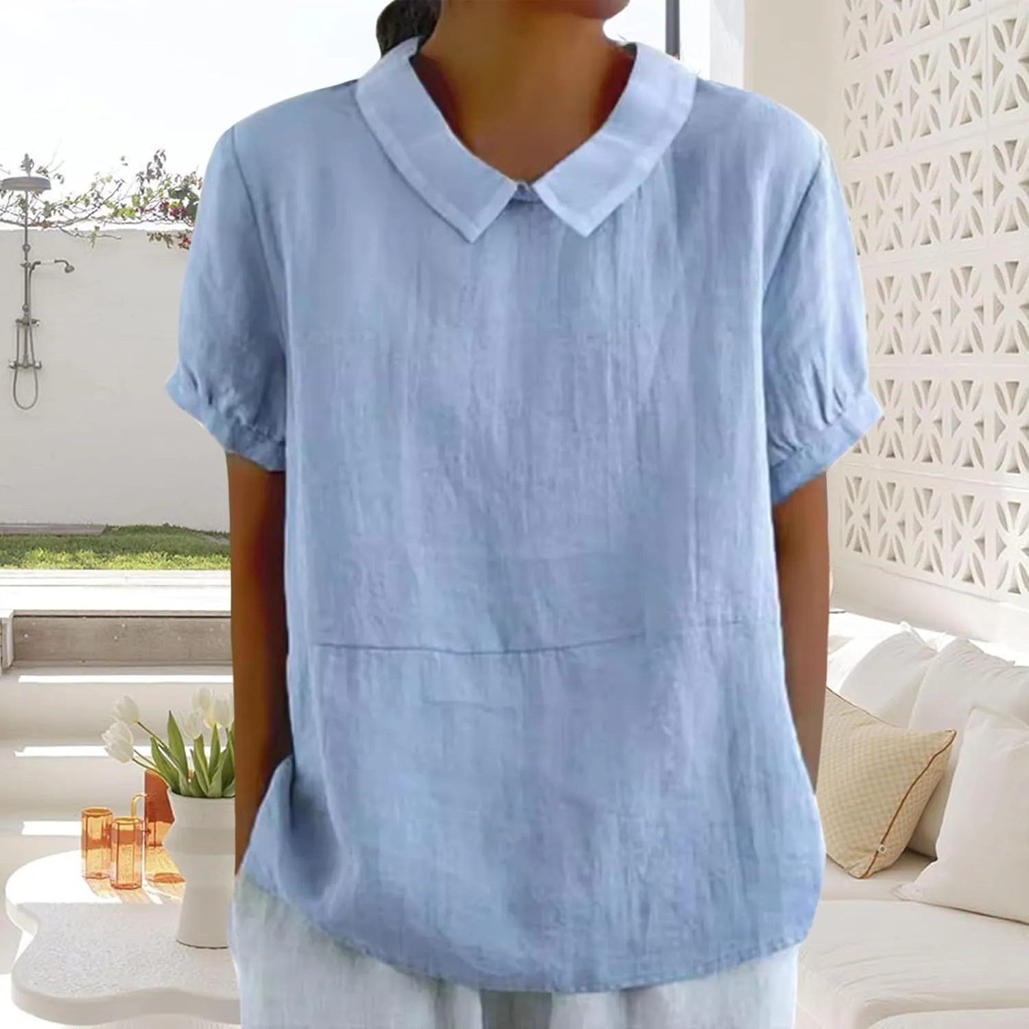 ZOCANIA Peter Pan Collar Shirt Women Short Sleeve Cotton Linen Shirts Doll Neck Summer Blouse Casual Work Blouse Tunic Tops