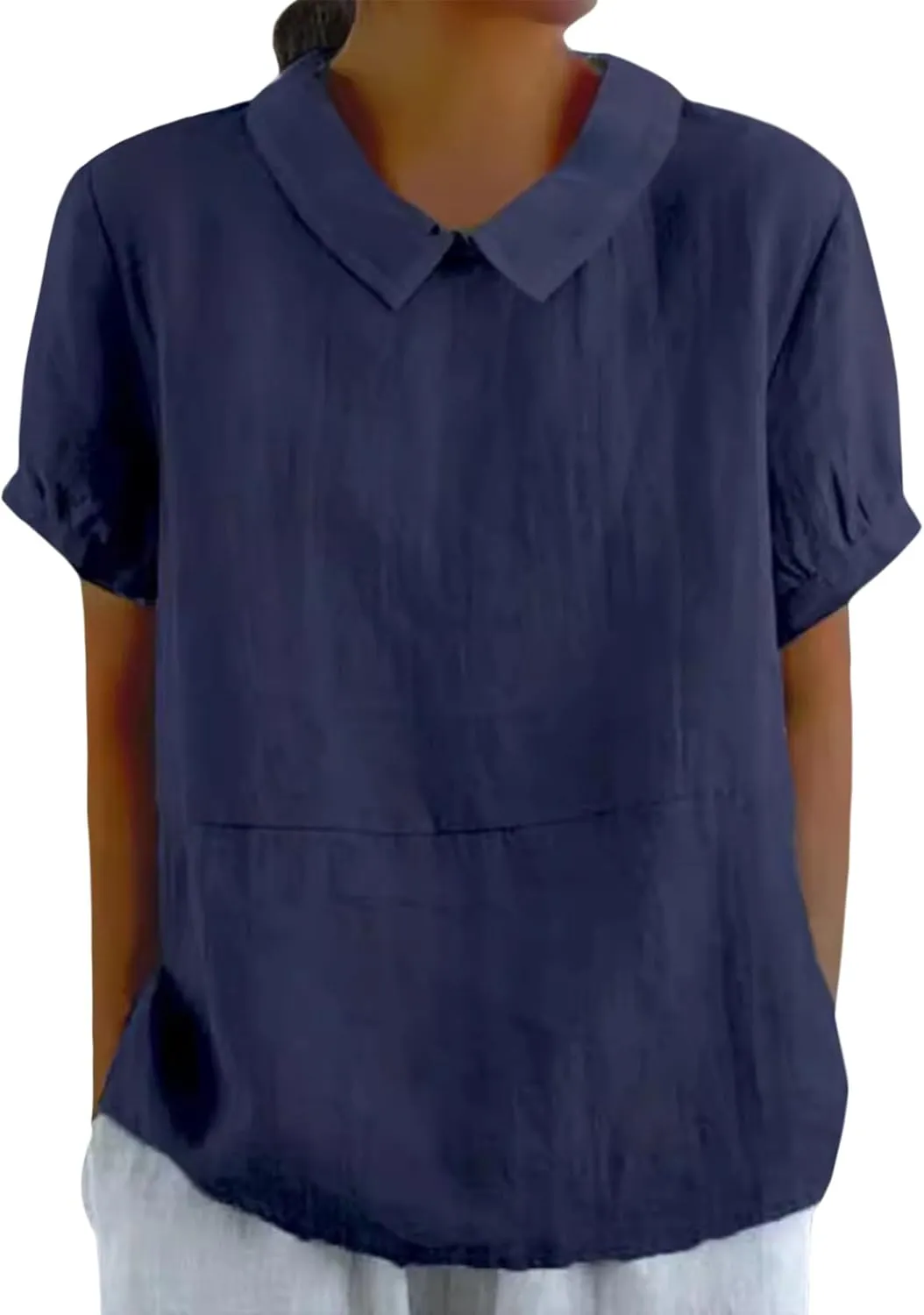 ZOCANIA Peter Pan Collar Shirt Women Short Sleeve Cotton Linen Shirts Doll Neck Summer Blouse Casual Work Blouse Tunic Tops