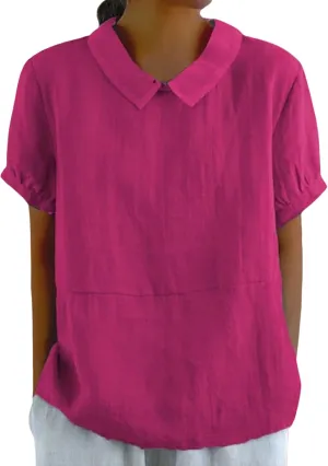 ZOCANIA Peter Pan Collar Shirt Women Short Sleeve Cotton Linen Shirts Doll Neck Summer Blouse Casual Work Blouse Tunic Tops