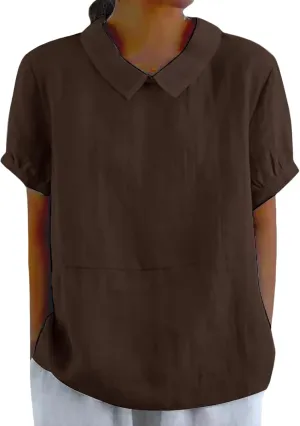 ZOCANIA Peter Pan Collar Shirt Women Short Sleeve Cotton Linen Shirts Doll Neck Summer Blouse Casual Work Blouse Tunic Tops