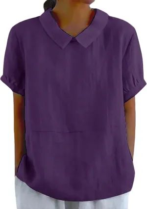 ZOCANIA Peter Pan Collar Shirt Women Short Sleeve Cotton Linen Shirts Doll Neck Summer Blouse Casual Work Blouse Tunic Tops