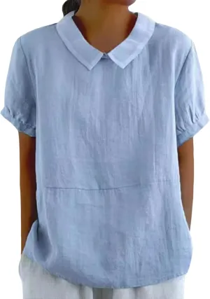 ZOCANIA Peter Pan Collar Shirt Women Short Sleeve Cotton Linen Shirts Doll Neck Summer Blouse Casual Work Blouse Tunic Tops