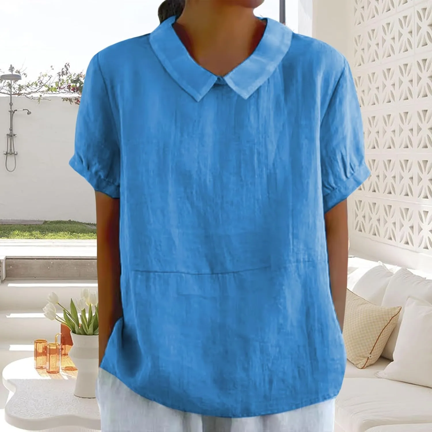 ZOCANIA Peter Pan Collar Shirt Women Short Sleeve Cotton Linen Shirts Doll Neck Summer Blouse Casual Work Blouse Tunic Tops