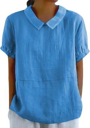 ZOCANIA Peter Pan Collar Shirt Women Short Sleeve Cotton Linen Shirts Doll Neck Summer Blouse Casual Work Blouse Tunic Tops