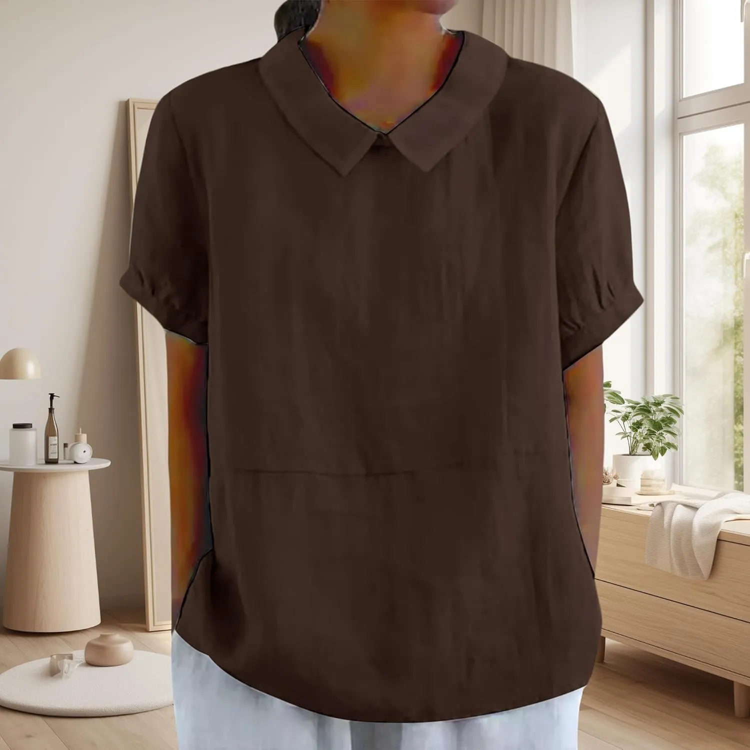 ZOCANIA Peter Pan Collar Shirt Women Short Sleeve Cotton Linen Shirts Doll Neck Summer Blouse Casual Work Blouse Tunic Tops