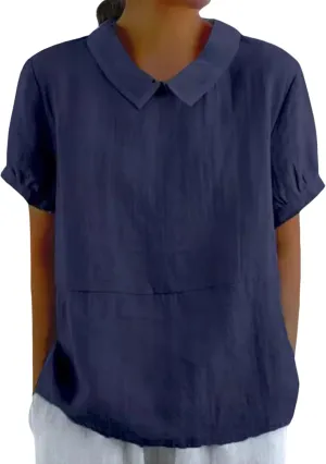 ZOCANIA Peter Pan Collar Shirt Women Short Sleeve Cotton Linen Shirts Doll Neck Summer Blouse Casual Work Blouse Tunic Tops
