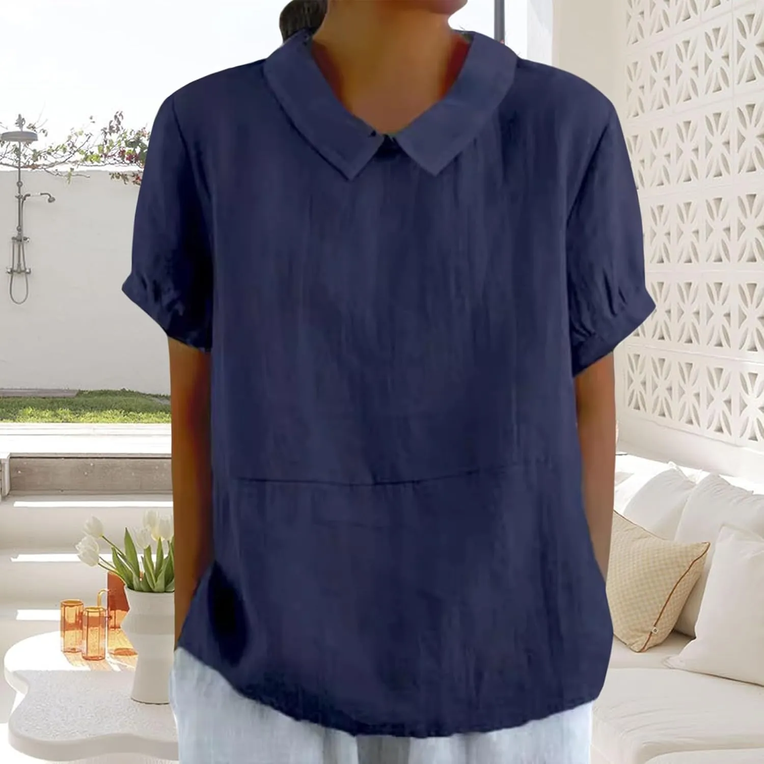 ZOCANIA Peter Pan Collar Shirt Women Short Sleeve Cotton Linen Shirts Doll Neck Summer Blouse Casual Work Blouse Tunic Tops