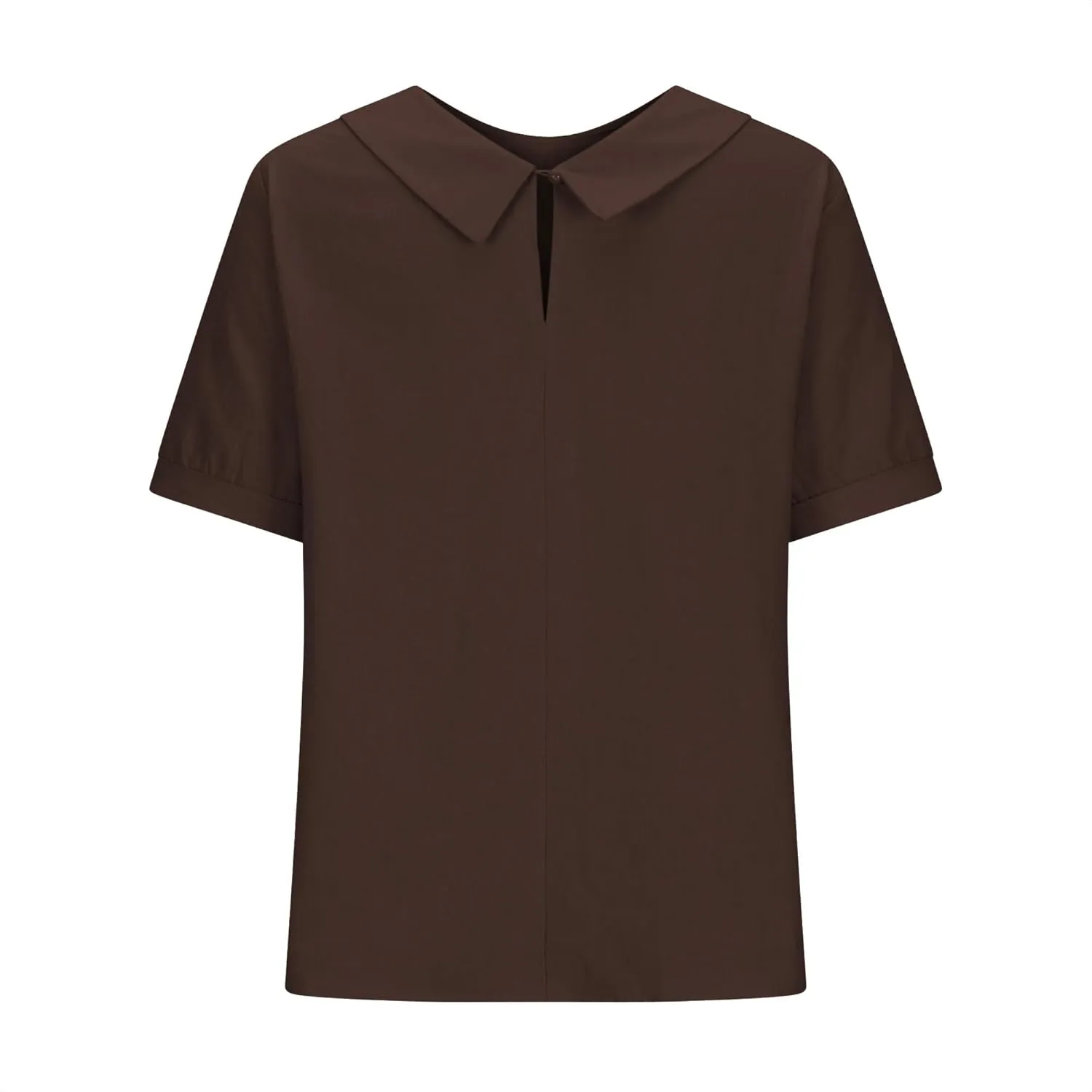 ZOCANIA Peter Pan Collar Shirt Women Short Sleeve Cotton Linen Shirts Doll Neck Summer Blouse Casual Work Blouse Tunic Tops