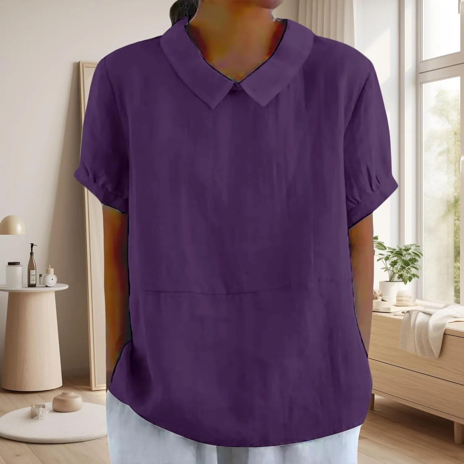 ZOCANIA Peter Pan Collar Shirt Women Short Sleeve Cotton Linen Shirts Doll Neck Summer Blouse Casual Work Blouse Tunic Tops