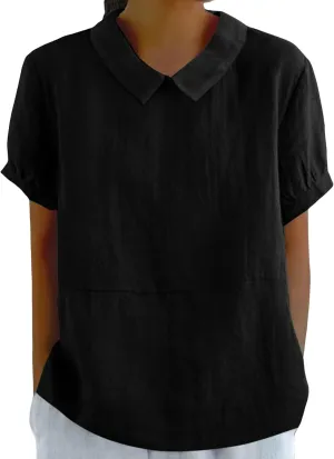 ZOCANIA Peter Pan Collar Shirt Women Short Sleeve Cotton Linen Shirts Doll Neck Summer Blouse Casual Work Blouse Tunic Tops