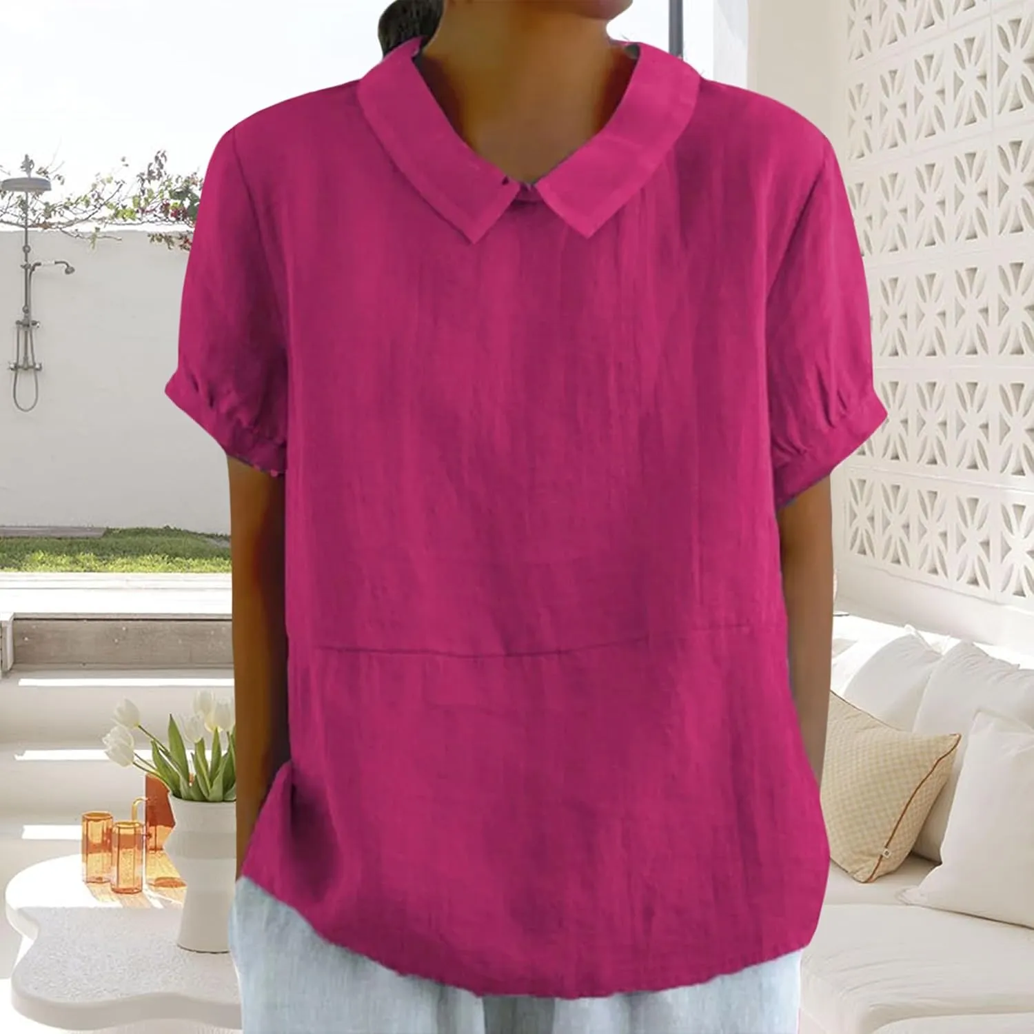 ZOCANIA Peter Pan Collar Shirt Women Short Sleeve Cotton Linen Shirts Doll Neck Summer Blouse Casual Work Blouse Tunic Tops