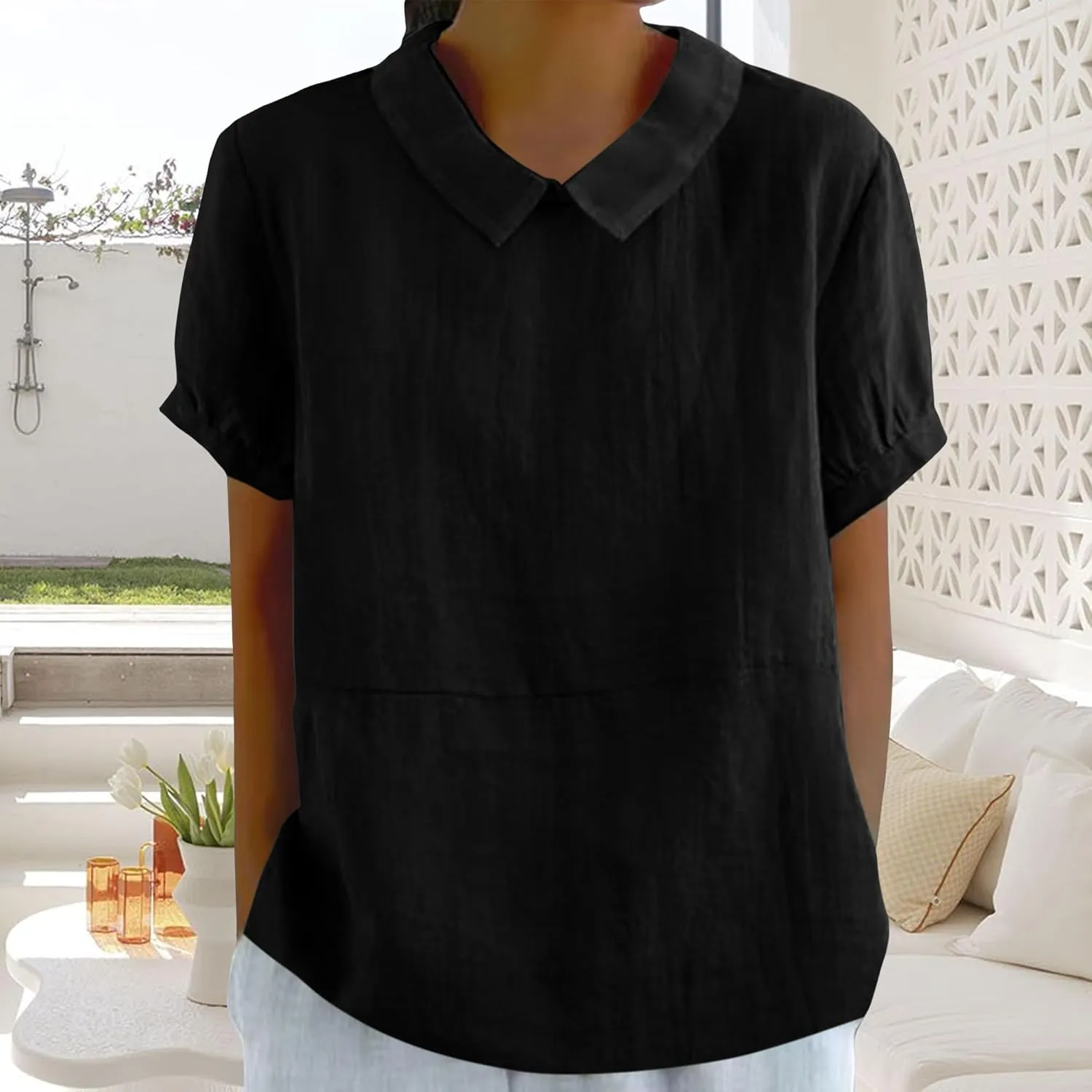 ZOCANIA Peter Pan Collar Shirt Women Short Sleeve Cotton Linen Shirts Doll Neck Summer Blouse Casual Work Blouse Tunic Tops