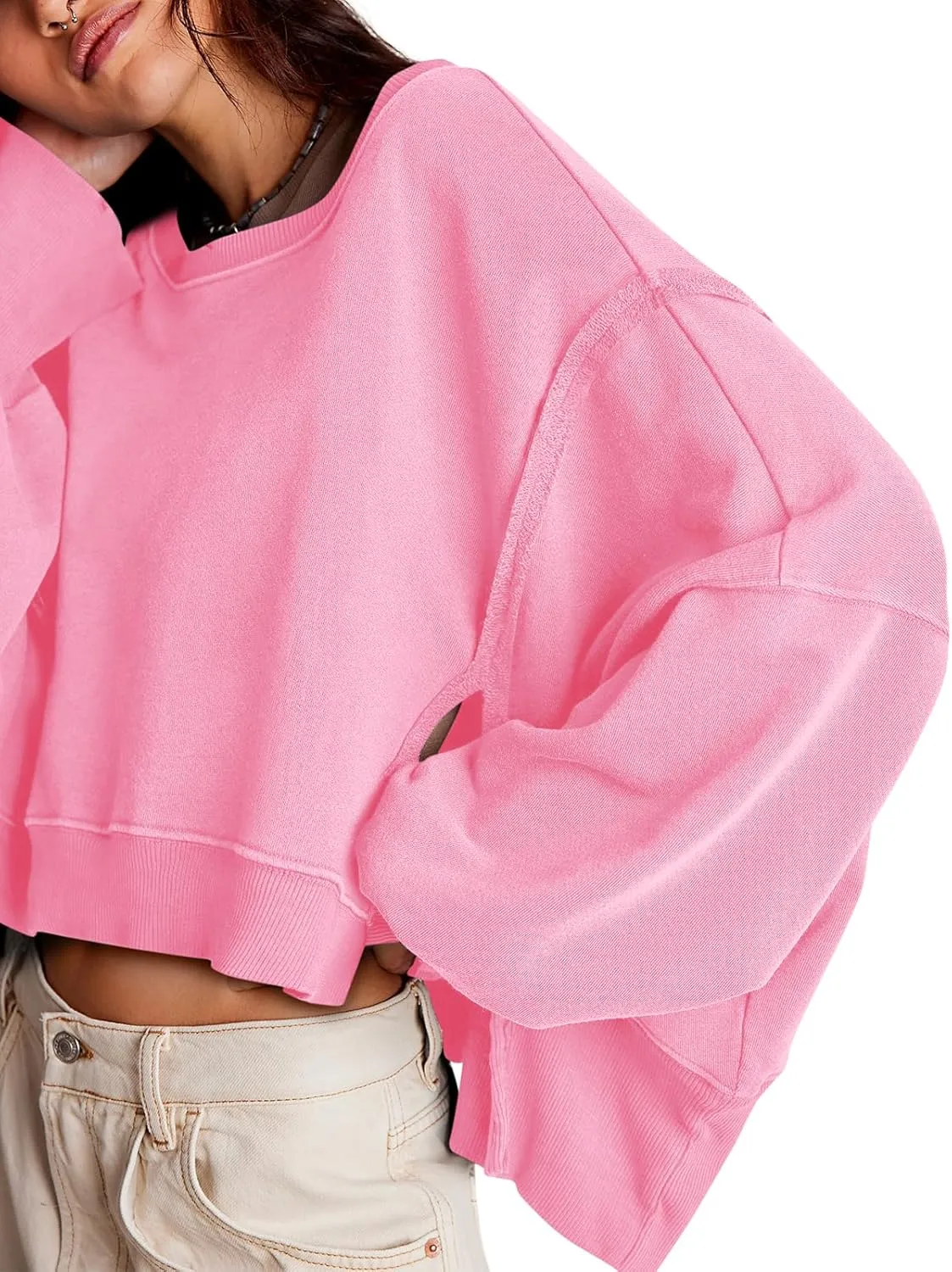 Zwurew Womens Casual Sweatshirt Long Sleeve Tops Crewneck Loose Fit Tee Pullover Crop Tshirt Side Slit Fall Fashion 2024